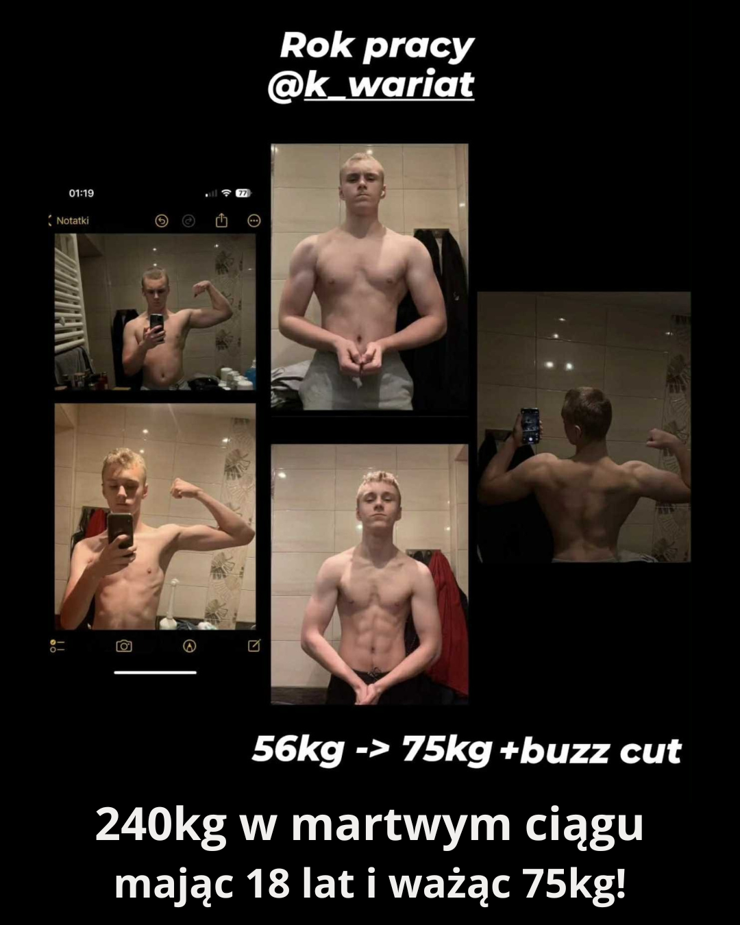 240kg w martwym ciągu mając 18 lat i ważąc 75kg!